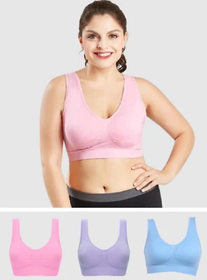 Padded Seamless Comfort Bra 3 Pack Full Cup Stretch Purple/Pink/Blue UK 8-20 - Image 1 of 4