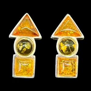 Vintage 925 Sterling Silver Amber Cabochon Drop Pierced Post Earrings 1" L - Picture 1 of 13