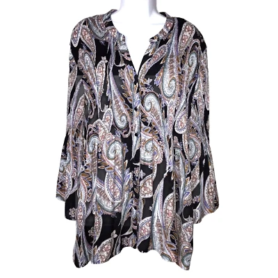 Spense Womens Tunic Top Plus 3X Multicolor Paisley Print Button Flare Sleeve - Image 1 of 4