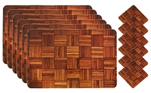 Wooden Style PVC Dining Table Placemat set with Tea Coasters - Brown US - Picture 1 of 4