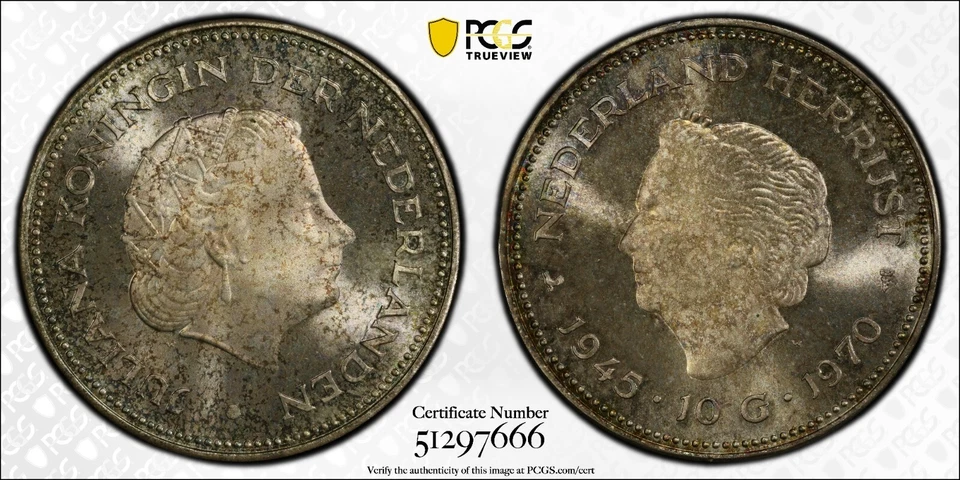 1970 Netherlands Liberation Silver 10 Gulden PCGS PL66 Toned Gem Uncirculated - Image 1 of 4