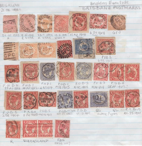 Queensland cracker QV page of BRISBANE related cancels annotated and complete Cover
