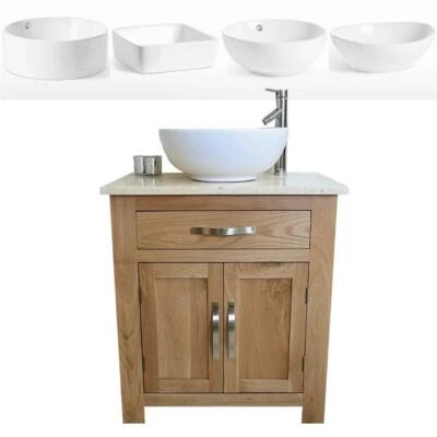 Bathroom Vanity Unit Oak Cabinet Wash Stand Cream Marble & Ceramic Basin 502 - Image 1 of 4