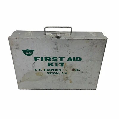 Vintage 60's A.E. Halperin Co Inc Halco Heavy Duty First Aid Kit Metal Box Gray - Image 1 of 4