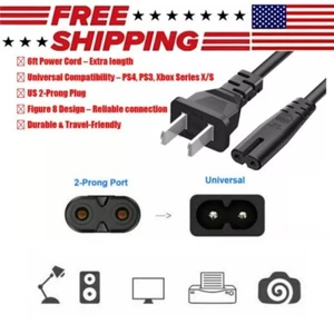6 Fuß Netzkabel/Kabel für Sony Playstation 4 PS4 PS2 PS3 Slim 2-poliger Anschluss USA - Bild 1 von 6