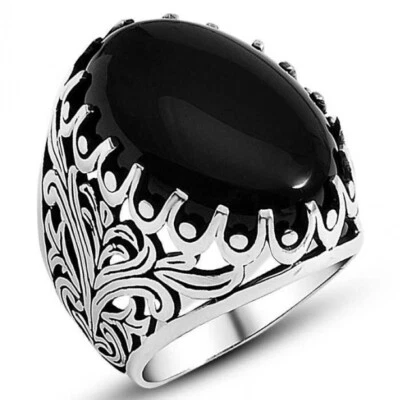 925 Sterling Silver Ottoman Turkish Style Oval Black Onyx Stone Men's Ring - Image 1 of 4