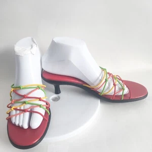 Y2K 90er Vintage Impo rot gelb grün Pfennigabsatz Pantoletten Komfort Sandalen Größe 9 - Bild 1 von 10