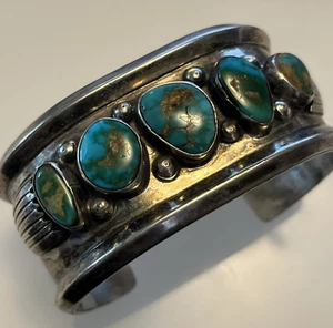 Brazalete Brazalete Firme Antiguo PASCUA AZUL TURQUESA Plata Esterlina PEÓN De Colección - Imagen 1 de 17