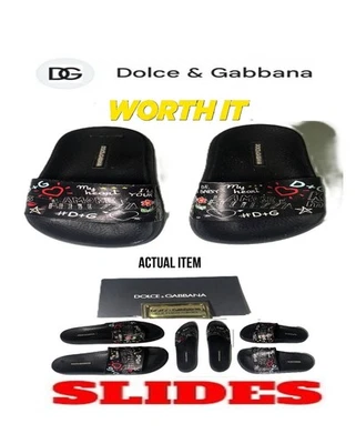 🛑DOLCE & GABBANA Designer SLIDES My Heart SANDALS Graffiti SHOES Mural Leather - Image 1 of 4