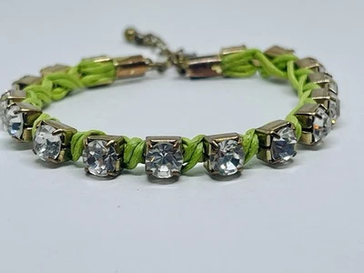 Vintage Lime Green Woven Cloth Strands Bracelet With Clear Crystal Rhinestones - Image 1 of 4