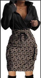 Abito donna midi con cappuccio taglia L manica lunga coulisse vita con tasche geo - Foto 1 di 15