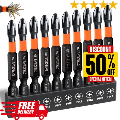 DYRECELVE 10-Pack Phillips Bits #2 Impact Magnetic 2 Phillips Bits- PH2 Bits Premium S2 Al