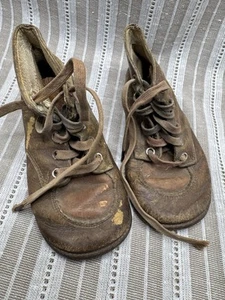 Vintage 1930s 1940s Leather High Tops Baby Shoes With Laces - Hard Soles, Sock - Picture 1 of 8