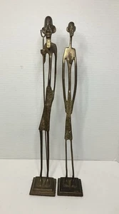 Vintage Paar Messing längliche afrikanische Stammes Männer Statue Kunst Skulptur 18" hoch - Bild 1 von 18
