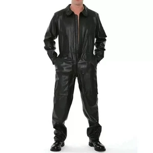 New Men's Black Leather Casual Jumpsuit| Genuine Sheepskin Leather Bodysuit L. - Picture 1 of 3
