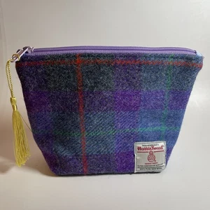 Harris Tweed 100% Pure New Wool Zipper Cosmetic Bag / Pouch Purple Plaid - Picture 1 of 10