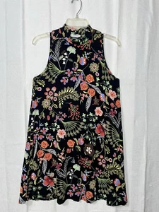 Tres Bien Sz L Black Colorful Floral Shift Dress Mock Neck Sleeveless Made USA - Picture 1 of 14