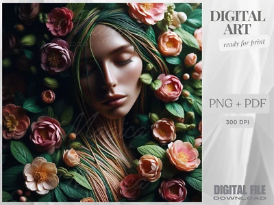 Mujer, Naturaleza, Flores, Fantasía, Mitología, Arte Digital IA, Pared, Póster, Impresión Foto 1 de 4