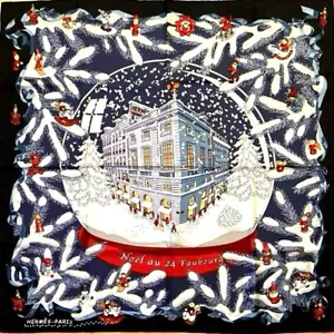 Hermès Silk Scarf Noël au 24 Faubourg Blue Rare Christmas Design from Japan Rare - Picture 1 of 13