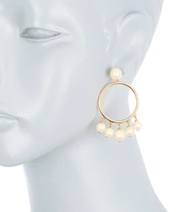 Large Kate Spade Gold Plated Faux Pearl Bauble Drop Hoop Earrings Charm Fringe - Picture 1 of 6