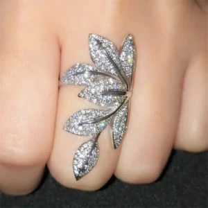 Glamorosos anillos de hoja de circonita cúbica enchapados en plata para mujer joyería de boda - Imagen 1 de 7