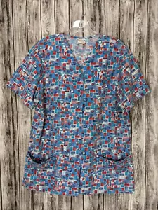 Women's Simply Basic Red White Blue Patriotic Medical Scrub Shirt Size Medium - Picture 1 of 11