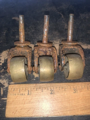 3 Vintage Metal & Brass Casters Wheels For Cart Or Bureau Cover