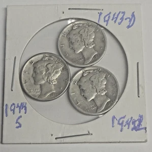 Merkur Groschen 3 Münzen Lot 1942 - 1943D - 1944S 90% Silber 10¢ Münzen - Bild 1 von 2