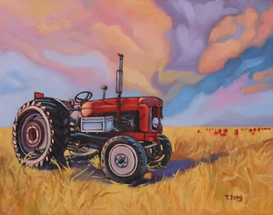 Giclee fine art print of oil painting red tractor in farm, landscape 11"×14" - Picture 1 of 3