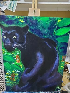 11x14 Acrylic Painting, Panther On Hard Board Canvas.  - Picture 1 of 1