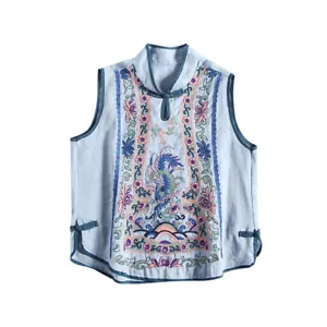 Women Ethnic Tank Vest Top Sleeveless Blouse Embroidery Floral Frog Button - Picture 1 of 9