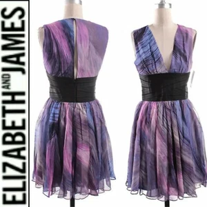 $395 ELIZABETH AND JAMES Purple Multi VNeck Jana Silk Cocktail Dress~10,10 M3020 - Picture 1 of 12