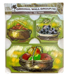 Art Vtg 3 Piece MCM Kitchen Wall Plaque Hand Painted Fruit Wooden 1950’s ? - Picture 1 of 9