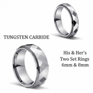  Men's 8MM "&" Woman's 6MM Faceted Stepped Edge Tungsten Carbide Wedding Sets - Picture 1 of 1