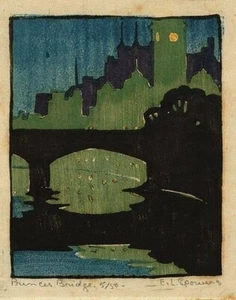 Princes Bridge Ethel Spowers 1923 Australian Grosvenor School Linocut Modernist - Picture 1 of 2