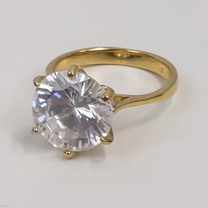 Women’s Size 8.75 Gold Plated Ring Large Clear Round CZ Solitaire Statement  - Picture 1 of 5