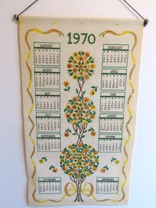Vtg Cloth Felt Hanging Calendar 1970 Handmade Sequins Yellow Flower Bushes 29" - Picture 1 of 4