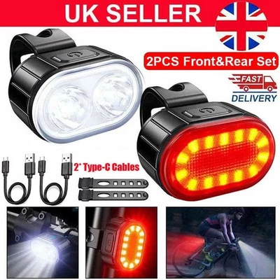 2x Mountain Bike Lights USB Rechargeable Bicycle LED Torch Front Rear + Lamp Set - Image 1 of 4