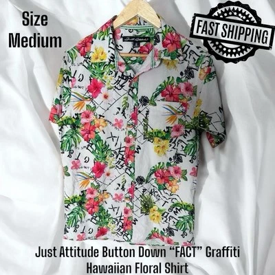 Just Attitude Button Down “FACT” Graffiti Hawaiian Floral Shirt Men’s Sz Medium - Image 1 of 4