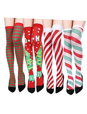  4 Pairs Halloween Thigh High Stockings for Women Christmas Red and Green  - Image 1 of 4