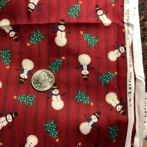 VIP CRANSTON PRINTS FABRIC SNOWMEN TREES ON RED TICKING COTTON 3 Yards - Picture 1 of 1