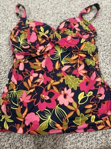 Lands End Tankini Oberteil Größe 8 marineblau rosa Blumen vorne gekreuzt süß rauchend - Bild 1 von 9
