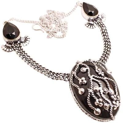 Onice Nera Gemma Placcato Argento Handmade Gioielli Collana Regalo 25 G N-1603 - Immagine 1 di 3