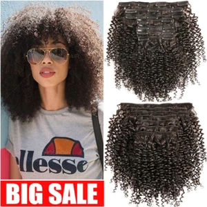 THICK Afro Kinky Curly Clip In Remy Human Hair Extensions Double Weft Black Long - Picture 1 of 16