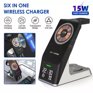 15W Magnetic Wireless Fast Charger Stand Foldable 6in1 Alarm Clock Dock Station - Picture 1 of 16