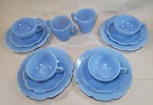 Jeannette Children Tea Set Delphite Blue Vintage Slag Depression Glass Demitasse