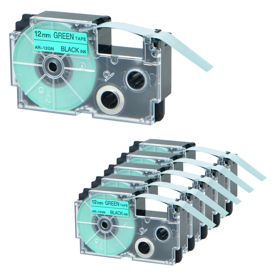 6PK 12mm Black on Green Tape Cartridge for EZ Label Casio KL-60 XR-12GN XR12GN - Image 1 of 4