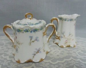 Haviland Limoges Porcelain Sugar & Creamer Bluets Pink Floral Gold Ranson Blank - Picture 1 of 11