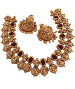 Gold Plated Laxmi Goddess South Indian Style Kundan Temple Jewelry Choker Jhumka - Picture 1 of 2