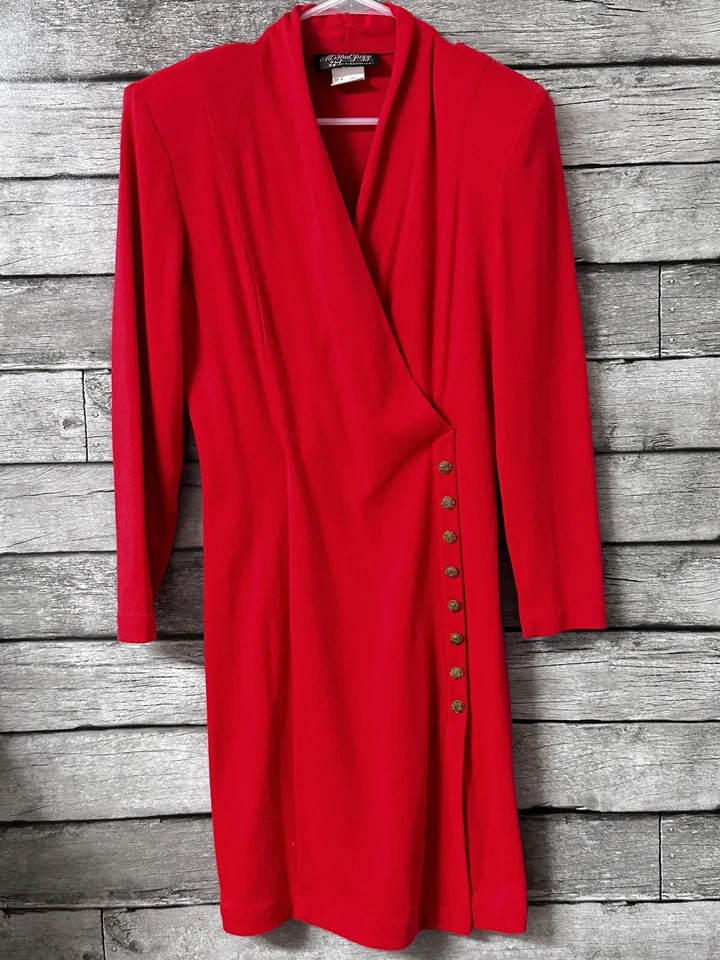 Vestido envolvente All That Jazz vintage botón manga larga algodón tejido EE. UU. rojo 9/10 Foto 1 de 4